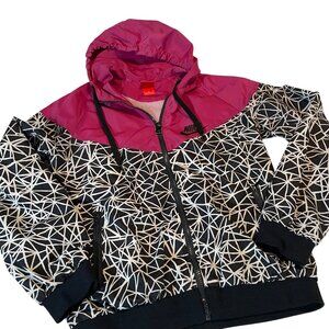 Nike Womens Hooded Windbreaker Jacket Black & Pink Geometric Pattern M Medium